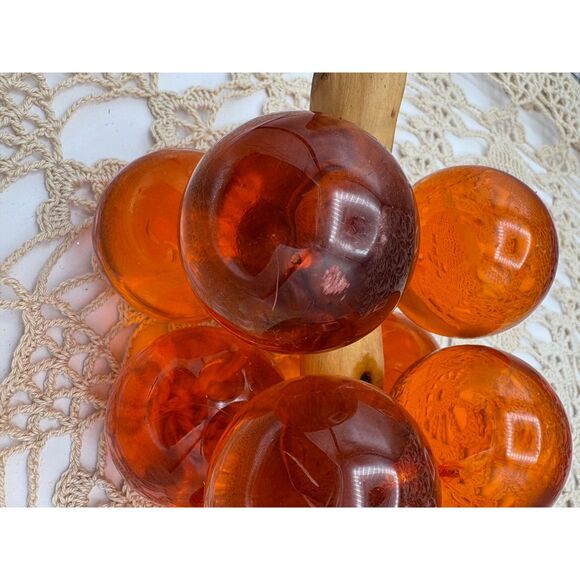 Vintage MCM Amber Orange Lucite Grape Cluster Large Bamboo Stem - Picture 5 of 9